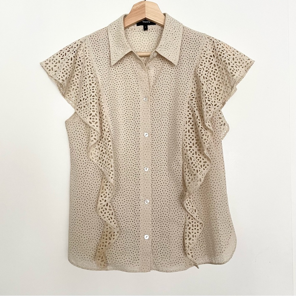 Theory Women's Nova Eyelet Blouse Top Size S Biege Classic Romantic Cottagecore